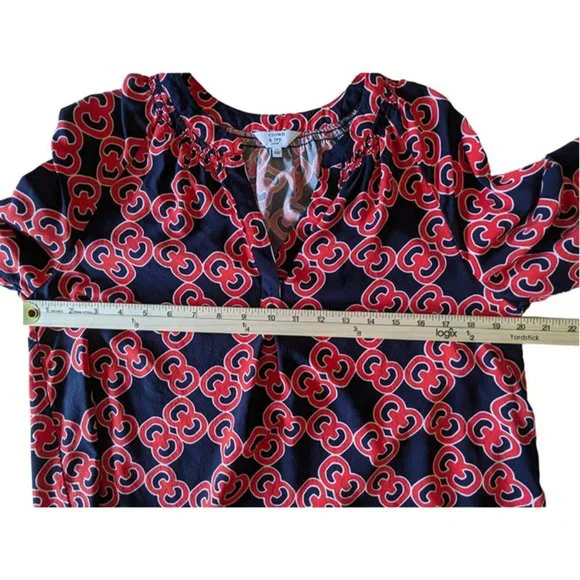 Crown & Ivy Black & Orange Top Blouse Tunic Petite Large 3/4 Puff Sleeves - Picture 4 of 8